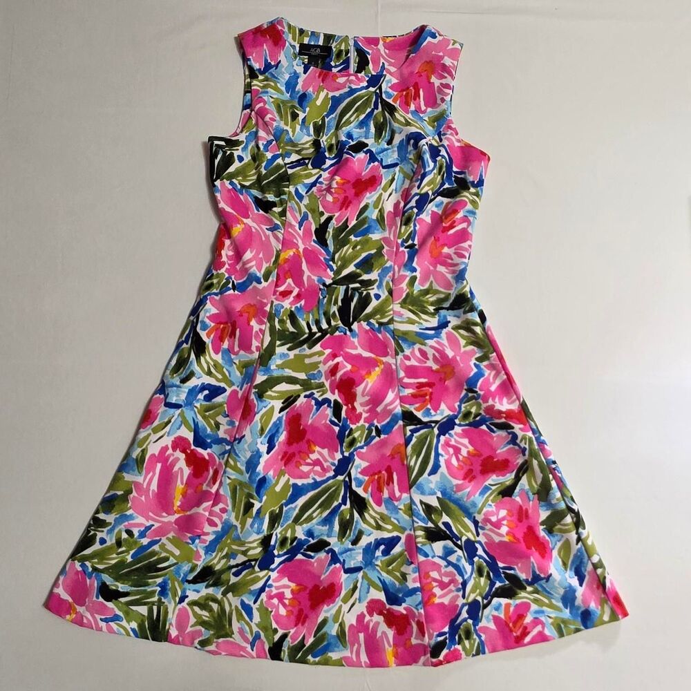 AGB Sleeveless Watercolor Floral Dress – Vibrant Pink, Blue & Green Size 6